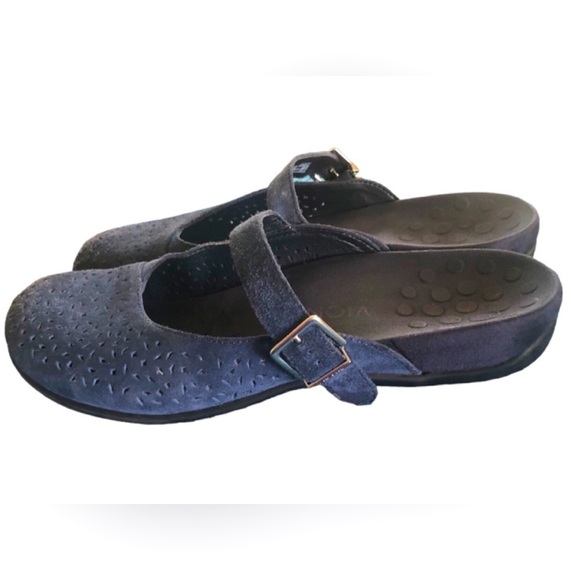 Vionic Lydia Laser Cut Mary Jane Slip On Slide Sz. 10 Navy Blue Suede Leather - Picture 1 of 10